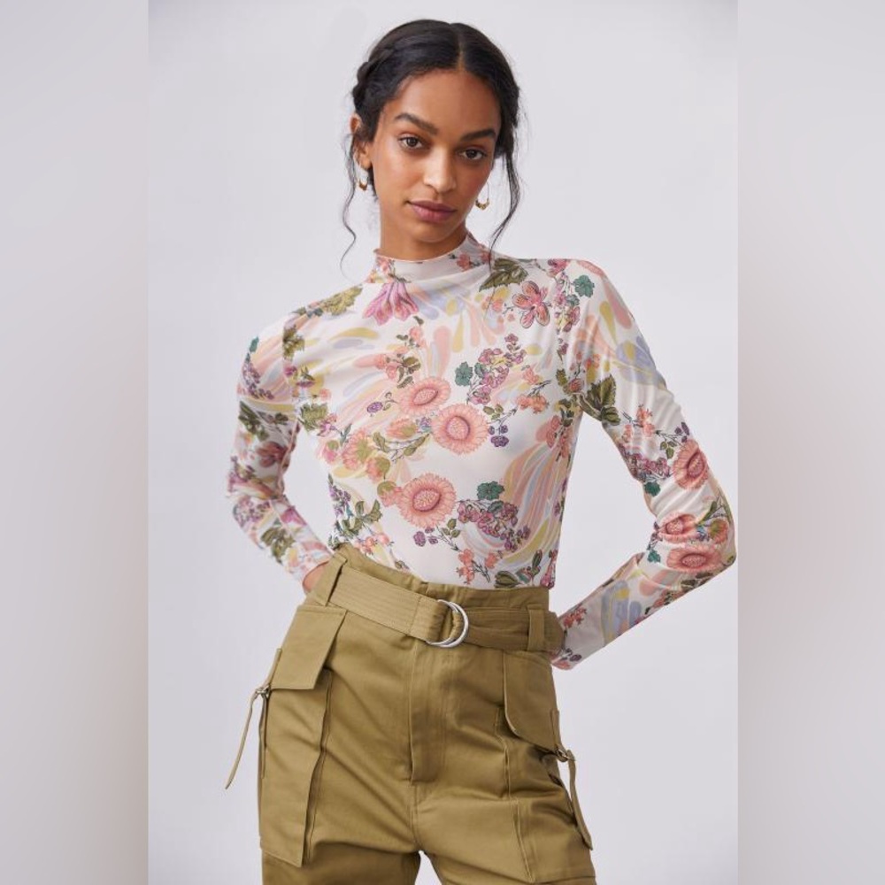 Anthropologie Daily Practice floral long sleeve mock neck mesh top 70’s vibes